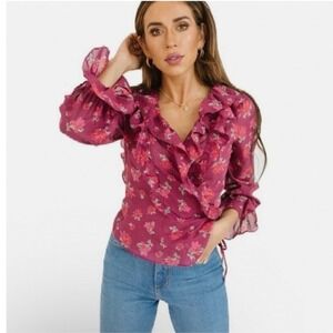Free People Amanda Ruffle Wrap Top Long Sleeve Plum Floral‎ XS Boho